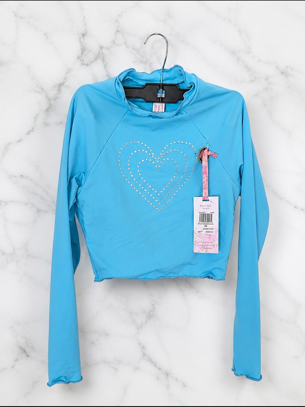 Hurley x LoveShackFancy Rhinestone Heart Rashguard Swim Top Aqua Blue XS NWT